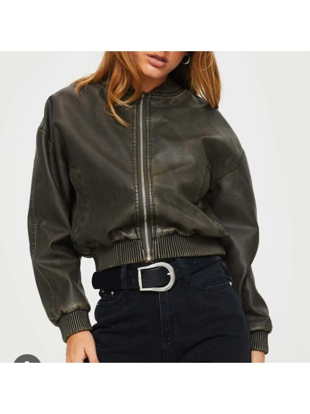 Princess Polly Faux Leather Jacket Washed Green